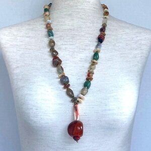 Artisan Natural Stone Beaded Boho 26" Boho Necklace Amber Colored Glass Pendant